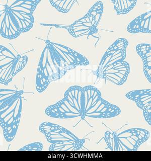 Motivo vintage senza cuciture con farfalle Monarch blu disegnate a mano su sfondo beige Illustrazione Vettoriale