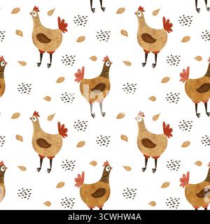 Disegno a mano senza cuciture in acquerello. Illustrazioni polli. Allevamento naturale rurale di uccelli Foto Stock
