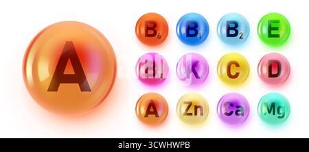 Capsule colorate di integratori vitaminici e minerali. Nutrienti essenziali per uno stile di vita sano. Illustrazione vettoriale Illustrazione Vettoriale