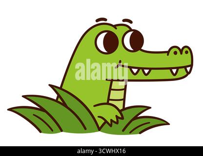 Carino disegno a coccodrillo dei cartoni animati, divertente alligatore che sbircia dal verde. Semplice illustrazione vettoriale disegnata a mano. Illustrazione Vettoriale