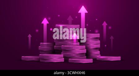 Crescita finanziaria con pile di monete e frecce verso l'alto, che illustrano il successo degli investimenti e l'aumento dei profitti. Illustrazione vettoriale Illustrazione Vettoriale
