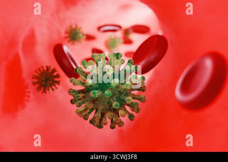 Illustrazione 3D di particelle di virus tra i globuli rossi all'interno Di Un vaso sanguigno, simboleggiando infezione, malattia, risposta del sistema immunitario, e medico SC Foto Stock