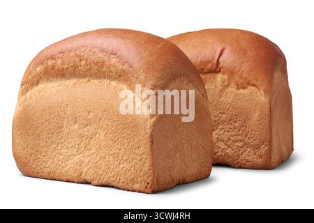 due panini non affettati di pane bianco, ricca crosta dorata, sfondo bianco isolato, prodotti da forno freschi e da forno Foto Stock