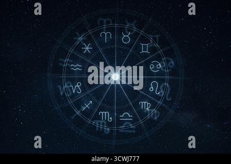 Ruota zodiacale con dodici segni astrologici sullo sfondo del cielo stellato, simbolo dell'oroscopo, astrologia, mistica ed energia cosmica. Zodiac firma un Foto Stock