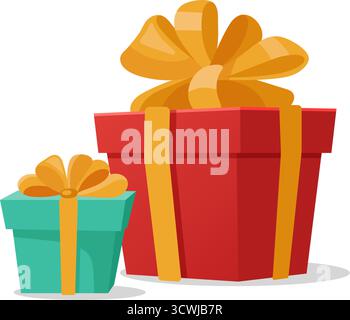 Due confezioni regalo per le feste, una rossa e una verde, legate con archi dorati, perfette per feste e celebrazioni. Illustrazione Vettoriale