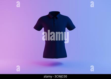 Polo in Mockup nero che galleggia su sfondo rosa e blu sfumato, concetto di moda minimalista, mockup dal design moderno, elegante stile casual Foto Stock