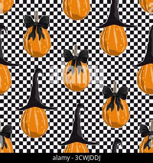 Incantevoli zucche autunnali con fiocchi neri legati e cappelli da streghe su sfondo a scacchi. Halloween senza cuciture. Illustrazione vettoriale. Illustrazione Vettoriale