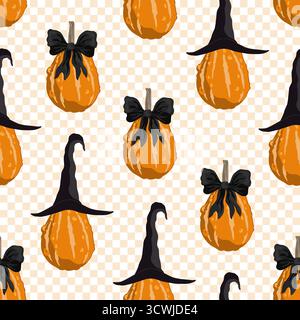 Incantevoli zucche autunnali con fiocchi neri legati e cappelli da streghe su sfondo a scacchi. Halloween senza cuciture. Illustrazione vettoriale Illustrazione Vettoriale