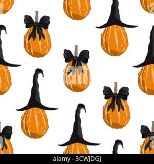 Incantevoli zucche autunnali con fiocchi neri legati e cappelli da streghe. Halloween senza cuciture. Illustrazione vettoriale Illustrazione Vettoriale