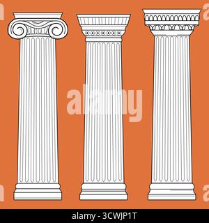Colonne greche antiche. Colonne di marmo, colonne doriche, ioniche e corinzie. Simbolo vintage della Grecia, arte e scultura classica di Atene. Illustrazione Vettoriale