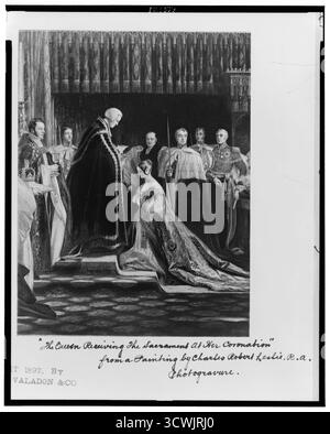 Titolo: 'La Regina riceve il sacramento alla sua incoronazione' / da un dipinto di Charles Robert Leslie, R. A. Abstract/medium: 1 stampa fotomeccanica: Fotoincisione. . Incoronazione di Vittoria del Regno Unito - :Abbazia di Westminster in ART - interni Foto Stock