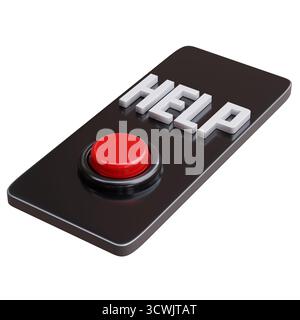 GUIDA e pulsante rosso su un telefono cellulare isolato su bianco, chiamata di emergenza, concetto 911, rendering 3d. Foto Stock