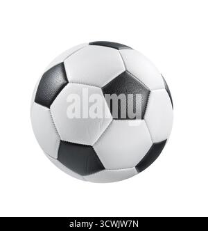Pallone da calcio, calcio caratterizzato dal classico motivo esagonale e pentagonale bianco e nero isolato sul bianco Foto Stock