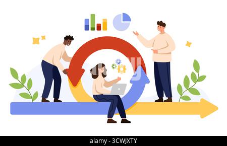 Concetto di metodologia agile che mostra la collaborazione tra team diversi, il flusso di lavoro iterativo e la gestione dei progetti con grafici, ingranaggi e frecce, isolati su sfondo bianco con illustrazione vettoriale Illustrazione Vettoriale