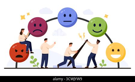 Persone che interagiscono con emoticon colorate che rappresentano emozioni diverse, feedback sull'umore e livelli di stress, utili per la salute mentale o concetti HR, isolate su sfondo bianco illustrazione vettoriale Illustrazione Vettoriale