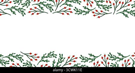 Cornice floreale natalizia con ramoscello verde e bacca rossa che crea un bordo festivo su uno sfondo bianco in stile piatto. Illustrazione Vettoriale