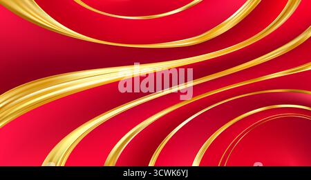 Seta rossa di lusso con decorazioni curve dorate. Onda premium Illustrazione Vettoriale