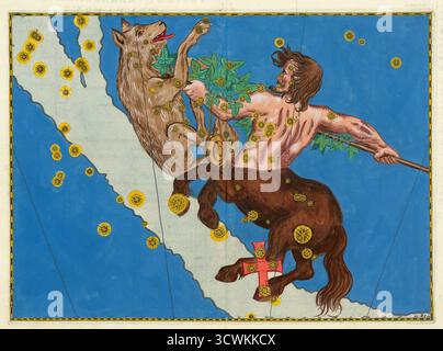 Lupus (il lupo) con Centaurus- Johann Bayer, 1603. Grafico celeste della costellazione con le stelle aumentate in oro. L'Uranometria di Bayer importanti atlanti celesti del XVII secolo. Oltre alla costellazione, la rappresentazione di Centaur che combatte un lupo Foto Stock