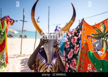 Una donna malgascia tiene un teschio zebu davanti al viso, come se lo indossasse come una maschera. In Madagascar, lo zebu - un bestiame humped - è un animale sacro Foto Stock