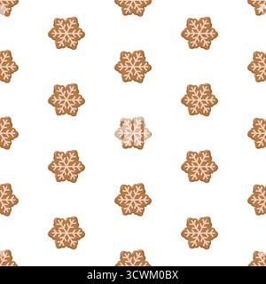 Motivo invernale senza cuciture con biscotti con fiocchi di neve di pan di zenzero su sfondo bianco. Sfondo vettoriale natalizio dei cartoni animati. Illustrazione Vettoriale