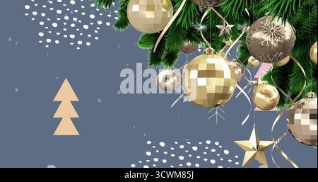 Immagine di fiocchi di neve che cadono sopra la decorazione delle baubles sull'albero di natale Foto Stock