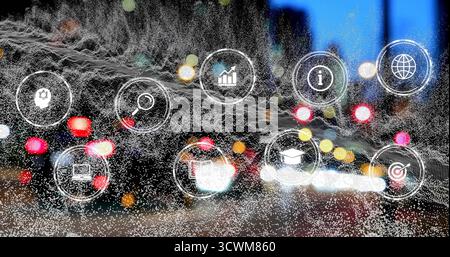 Immagine di macchie bianche e icone multimediali sul paesaggio urbano Foto Stock