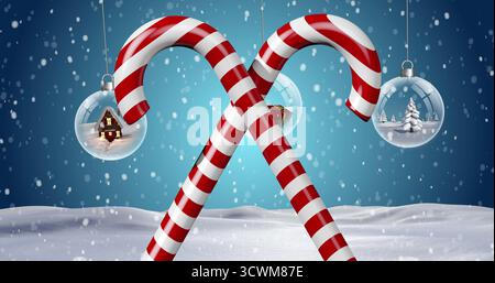 Immagine di neve che cade sopra decorazione di natale con baubles Foto Stock
