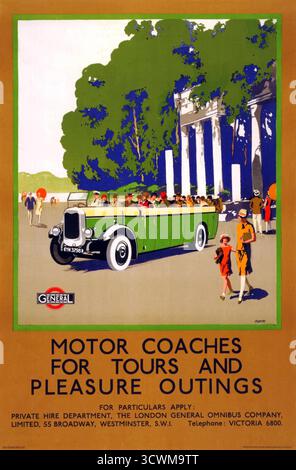 Uno splendido poster di viaggio vintage del 1920 per viaggiare in pullman in Inghilterra Foto Stock