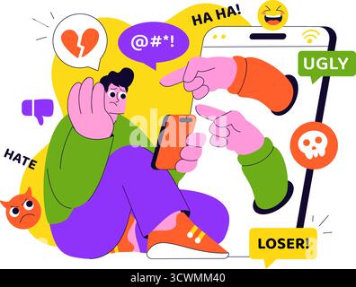 Illustrazione del cyberbullismo che presenta molestie online, abuso di rete e influenza negativa su Internet come insulti, giuramenti e abusi verbali Illustrazione Vettoriale