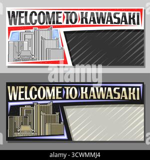 Layout vettoriale per Kawasaki con spazio copiato, invito decorativo con illustrazione del paesaggio della città di kawasaki sullo sfondo del giorno e del tramonto del cielo, arte Illustrazione Vettoriale