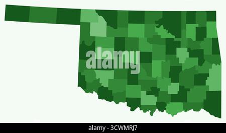 Mappa dell'Oklahoma con le contee. Solo una semplice mappa del confine di stato con la divisione della contea. Tavolozza dei colori verde. Illustrazione Vettoriale