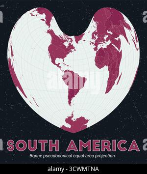 Sud America. Mappa del mondo. Proiezione pseudoconica di Bonne a pari area incentrata sul Sud America. Pallido color menta rosa scuro. Texture vintage. Illustrazione Vettoriale