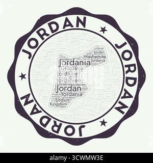 Logo Jordan. Attraente distintivo con nuvola di parole a forma di Giordania. Emblema rotondo con il nome del paese. Bella illustrazione vettoriale. Illustrazione Vettoriale