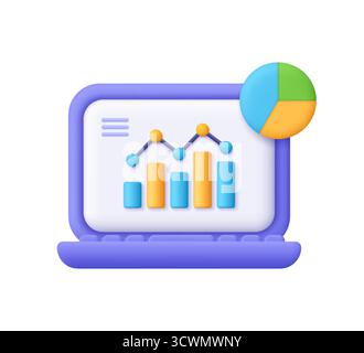 Notebook viola che visualizza un grafico a barre con e un grafico a torta. Analisi dei dati, SEO, report aziendali finanziari, concetto di investimento. icona vettoriale 3d. Min. Cartoni animati Illustrazione Vettoriale