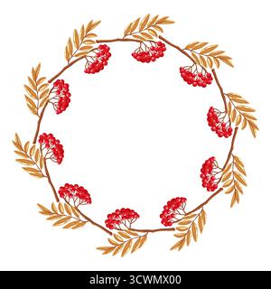 Un'affascinante corona circolare fatta di rami marroni intrecciati decorati con bacche di rowan rosso brillante ed eleganti foglie d'autunno dorate su una schiena bianca Illustrazione Vettoriale