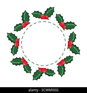 Classica cornice vettoriale circolare realizzata con foglie di agrifoglio verde lucido e frutti di bosco rosso brillante. Una tradizionale corona festiva con un cerchio interno tratteggiato, perfe Illustrazione Vettoriale
