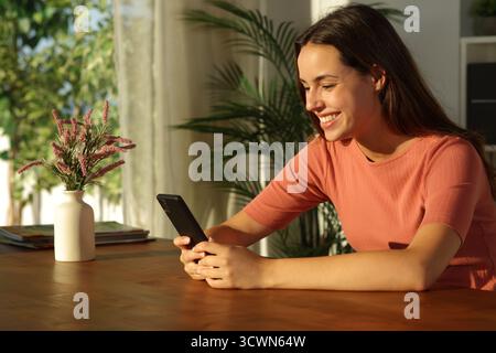 Donna felice su un tavolo di legno che usa il cellulare al tramonto a casa Foto Stock