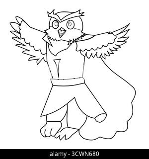 owl supereroe personaggio con costume di potere bambini divertente personaggio colorazione pagina Illustrazione Vettoriale