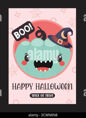 Design del poster della clipart del biglietto di auguri di Halloween. Buon Halloween e scherzare o trattare clip art di testo con un mostro carino e spaventoso in cerchio Illustrazione Vettoriale