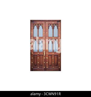 Vecchia porta in legno con decorazioni intagliate e finestre isolate su bianco, texture fotografica di sfondo Foto Stock