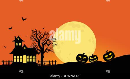 Un semplice e spaventoso tema di Halloween con Una casa sull'albero della zucca morta e Una luna piena Illustrazione Vettoriale