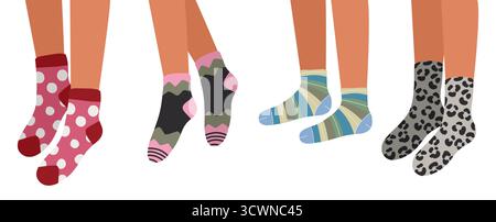 Set vettoriale piatto di gambe per uomo e donna in eleganti calze a motivi geometrici con texture alla moda, perfetto per il design alla moda, i temi invernali accoglienti e lo stile di vita i. Illustrazione Vettoriale