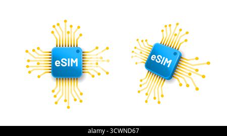 Tecnologia chip eSIM. Moderno design integrato della scheda SIM, che illustra la comunicazione mobile digitale. Illustrazione vettoriale. Illustrazione Vettoriale