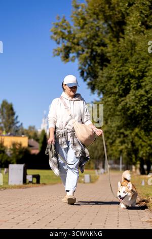 Una ragazza cammina un corgi Pembroke al guinzaglio in un parco Foto Stock