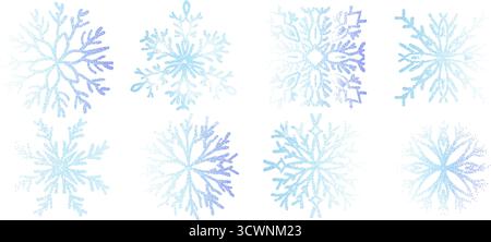 Neve fiocchi puntano gradiente di rumore impostato. Elementi di gradazione granulosi per la stagione invernale. Simboli dell'aerografo blu e viola di Natale. Cameriera Vector festiva con mezzitoni Illustrazione Vettoriale