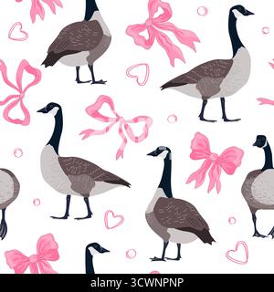 Motivo senza cuciture con archi rosa e oche del Canada. Carina stampa femminile e di compleanno. Illustrazione vettoriale Illustrazione Vettoriale