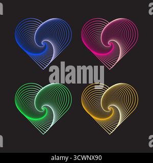 Collezione sei cuori vettoriali. Linea a spirale colorata. Design dinamico della forma gradiente. Illusione ottica al neon. EPS 10. Illustrazione Vettoriale