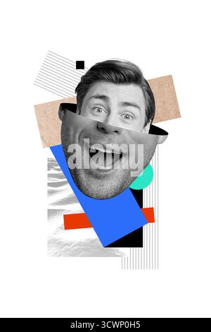 Grafica di tendenza schizzo creativo collage fotografico di applicazioni di ritratto immaginazione pazzo moderno pezzo diverso testa giovane uomo viso sorriso felice Foto Stock