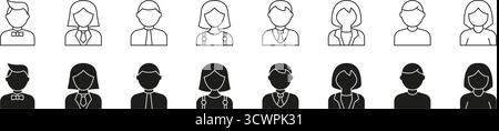 Set di icone linea e continua degli avatar utente. Collezione di simboli di silhouette a profilo professionale e casual. Icone di identità e rappresentazione del sesso Illustrazione Vettoriale