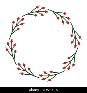 Telaio circolare rowan verde con diramazione circolare su sfondo bianco in stile piatto. Spazio centrale vuoto per il testo o l'elemento di disegno. Illustrazione Vettoriale